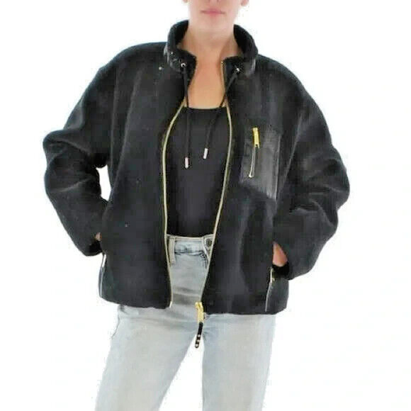 Rebecca Minkoff Black Gold Teddy Faux Vegan Fur Coat BOMBER Jacket Plush XL $348 - Picture 1 of 12